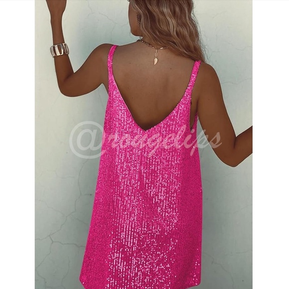 Hot Pink All Over Sequin Cami A-Line Mini Party Dress  Short - Picture 4 of 5